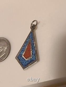 Vintage 14KT White Gold Diamond Shape Turquoise & Red Coral Inlay Pendant