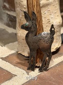 Vintage 1930 Navajo Stamped Silver Whitetail Deer Pin Brooch Turquoise Eye Rare