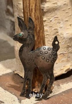 Vintage 1930 Navajo Stamped Silver Whitetail Deer Pin Brooch Turquoise Eye Rare