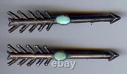 Vintage 1930's Navajo Indian Silver Turquoise Arrow Pin Brooch Pair