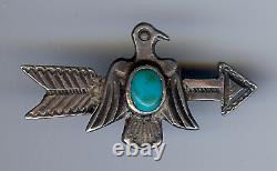 Vintage 1930's Navajo Indian Silver Turquoise Thunderbird Arrow Pin Brooch