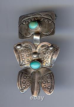 Vintage 1940s Navajo Indian Silver Turquoise Butterfly Dangle Pin Brooch