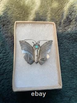 Vintage 1940s Navajo Sterling Silver Turquoise Butterfly Brooch Pin Native NA
