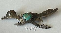 Vintage 1960's Native American Sterling Silver Turquoise Roadrunner Pin