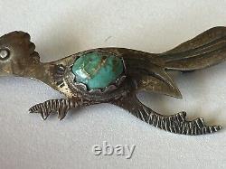 Vintage 1960's Native American Sterling Silver Turquoise Roadrunner Pin