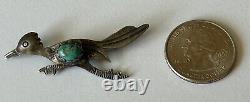 Vintage 1960's Native American Sterling Silver Turquoise Roadrunner Pin