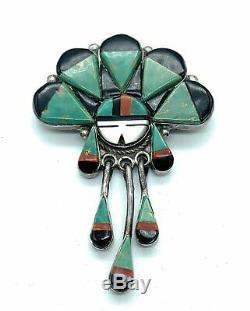Vintage 1960's Zuni Sterling Silver Multi Stone Inlay Sungod Brooch Pin
