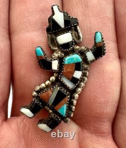 Vintage 1960s Zuni Turquoise Inlay Rainbow Man Sterling Silver Pin Brooch #152
