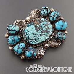 Vintage 1970's Marie Silver Navajo 925 Silver Turquoise Cluster Feathers Brooch