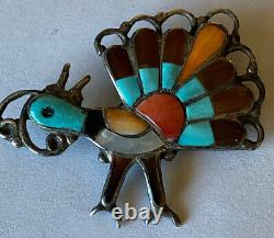 Vintage 1970's Signed Zuni Sterling Silver Channel Inlay Turkey Pin