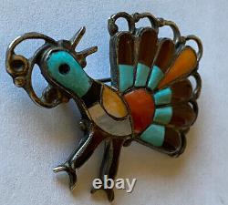 Vintage 1970's Signed Zuni Sterling Silver Channel Inlay Turkey Pin