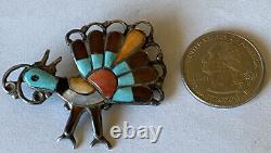 Vintage 1970's Signed Zuni Sterling Silver Channel Inlay Turkey Pin