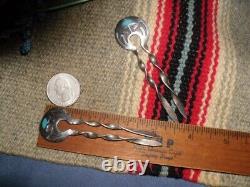 Vintage 2pcs Hopi Sterling Silver Turquoise overlay Hairpins, signed. Native Amer