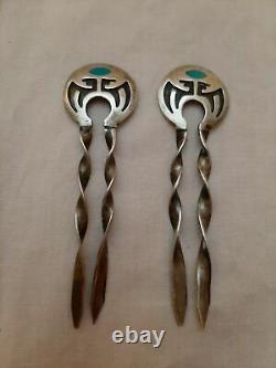 Vintage 2pcs Hopi Sterling Silver Turquoise overlay Hairpins, signed. Native Amer