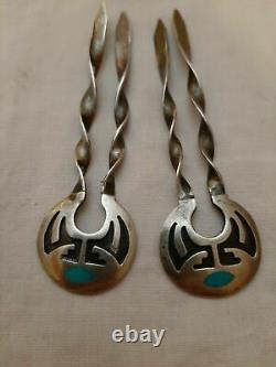 Vintage 2pcs Hopi Sterling Silver Turquoise overlay Hairpins, signed. Native Amer