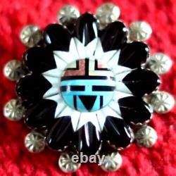 Vintage ANDREW DEWA multi-stone inlay SUNFACE PIN sterling ZUNI kachina pendant