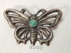 Vintage Antique Butterfly Pin Navajo Indian Sand Cast Sterling Silver Turquoise