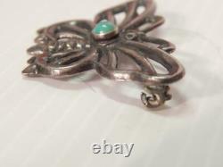 Vintage Antique Butterfly Pin Navajo Indian Sand Cast Sterling Silver Turquoise
