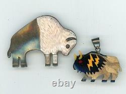 Vintage Artist Signed. 925 Sterling Native American Buffalo Brooch Pins Pendant