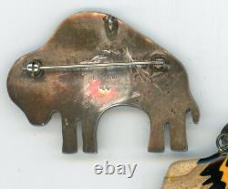 Vintage Artist Signed. 925 Sterling Native American Buffalo Brooch Pins Pendant