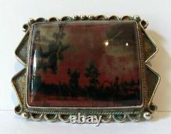 Vintage Beauty Navajo Indian Silver Scenic Petrified Wood Pin Brooch