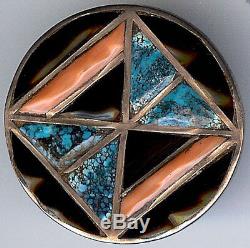 Vintage Beauty Zuni Silver Bold Inlaid Design Onyx Coral Turquoise Pin Brooch