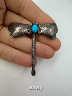 Vintage Brooch Native American Dragonfly Silver Signed HT Turquoise Pin Unisex