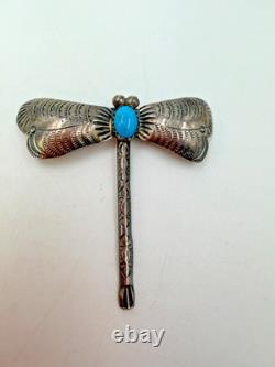 Vintage Brooch Native American Dragonfly Silver Signed HT Turquoise Pin Unisex
