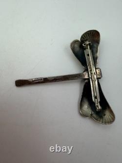 Vintage Brooch Native American Dragonfly Silver Signed HT Turquoise Pin Unisex