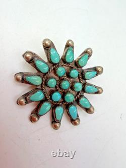 Vintage Brooch Native American Needlepoint Turquoise Sun Zuni Signed AAP 7 gram
