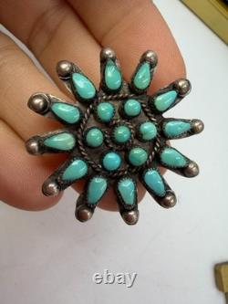 Vintage Brooch Native American Needlepoint Turquoise Sun Zuni Signed AAP 7 gram