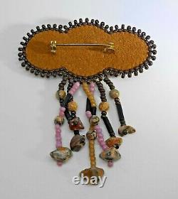 Vintage Brooch Pin Ojibwe Native American Wampum Seed Bead Agate Leather