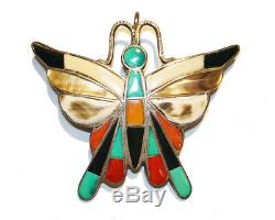 Vintage Butterfly Inlay Pin Pendant Native American Signed Snowa Esalio (Zuni)
