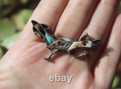 Vintage CHANNEL INLAY MULTI-STONE ZUNI ROADRUNNER pin brooch turquoise signed EQ