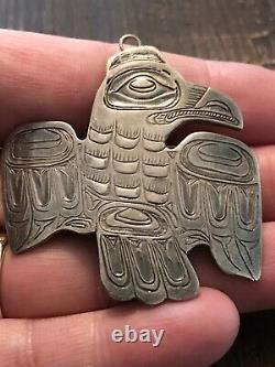 Vintage Carved Silver Tlingit Raven Pin Pendant Lincoln Wallace Juneau Alaska