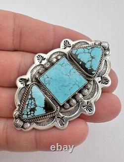 Vintage Ed Kee Navajo Sterling Silver Turquoise Stamped Concho Brooch Pin 2.5