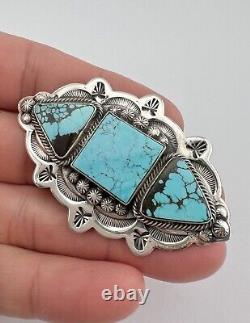 Vintage Ed Kee Navajo Sterling Silver Turquoise Stamped Concho Brooch Pin 2.5