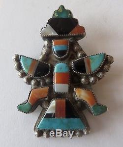 Vintage Estate Zuni Mosaic Knifewing Pin/Brooch, Turquoise, Jet, Coral, 2H