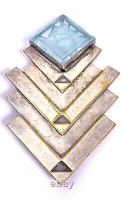 Vintage Etched Aquamarine Sterling Silver Native American Pin Brooch Vermeil BIG