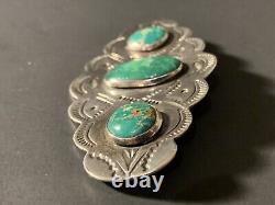 Vintage Fred Harvey Era Stamped Triple Turquoise Brooch Pin 2 15/16