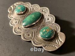 Vintage Fred Harvey Era Stamped Triple Turquoise Brooch Pin 2 15/16
