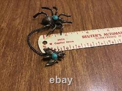 Vintage Fred Harvey Indian Silver & Turquoise Color Spider & Fly Pin Brooch