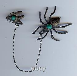 Vintage Fred Harvey Indian Silver & Turquoise Color Spider & Fly Pin Brooch