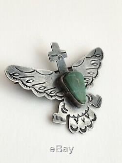 Vintage Fred Harvey Like Navajo Sterling Silver Green Turquoise Brooch Pin