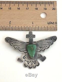 Vintage Fred Harvey Like Navajo Sterling Silver Green Turquoise Brooch Pin