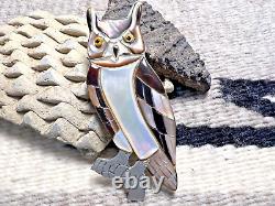 Vintage GREAT HORNED OWL INLAY PIN brooch pendant sterling 2.5 MOP Southwestern