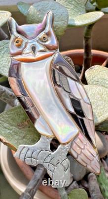 Vintage GREAT HORNED OWL INLAY PIN brooch pendant sterling 2.5 MOP Southwestern