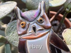 Vintage GREAT HORNED OWL INLAY PIN brooch pendant sterling 2.5 MOP Southwestern