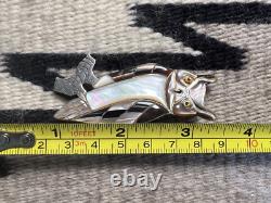 Vintage GREAT HORNED OWL INLAY PIN brooch pendant sterling 2.5 MOP Southwestern