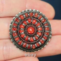 Vintage Genuine Native American Zuni Sterling Silver Large 34mm Coral Brooch Pin